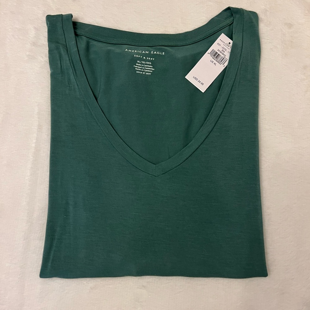 American Eagle Outfitters Women's Teal V-Neck Tee